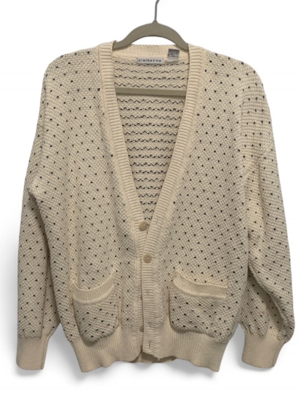 Vintage Liz Claiborne Cream Dark Blue Print Grandpa Golf Cardigan Sweater